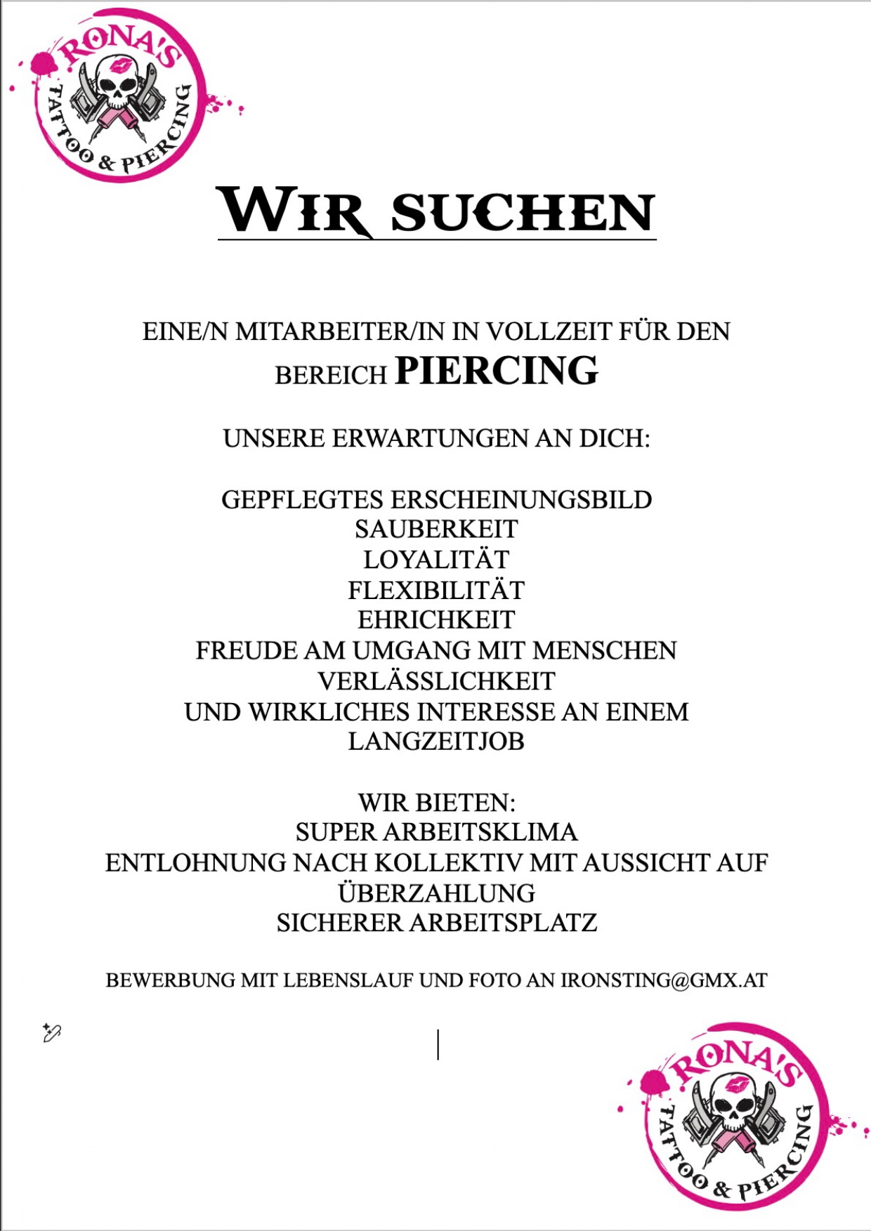 Stellenanzeige für den Bereich Piercing